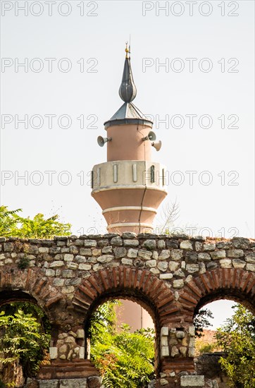 Minaretseen behind city walls of Constantinople in Istanbul