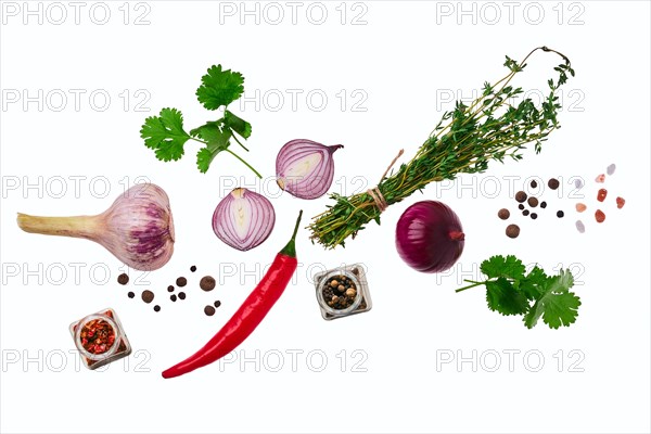 Top view of variety of spice isolated on white background. Garlic