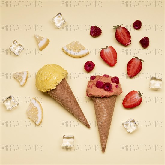 Top view delicious ice cream with strawberries. Resolution and high quality beautiful photo