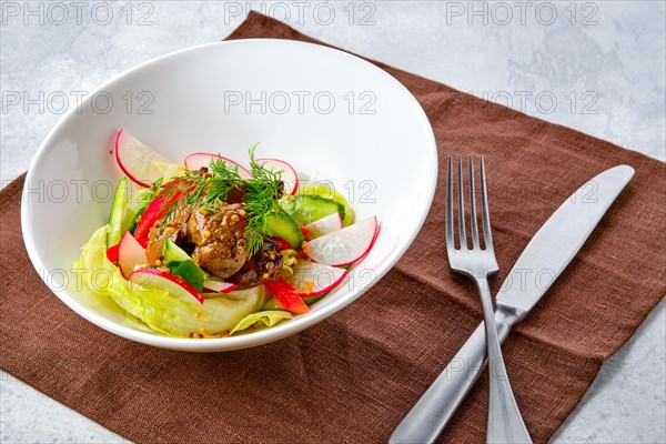 Top view of salad with beef liver