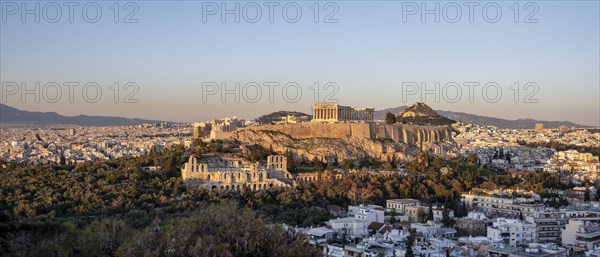 View from Philopappos Hill over the city at sunset