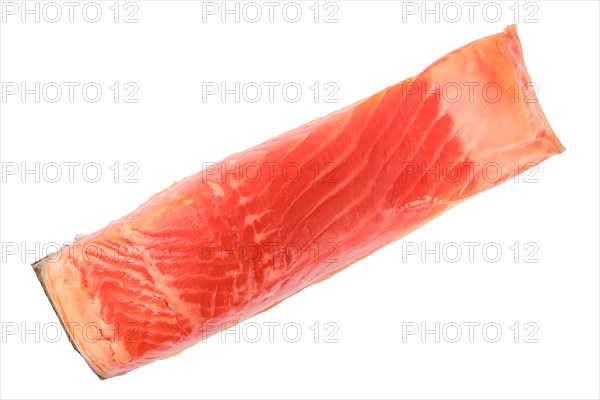 Top view of slice of salted salmon fillet isolated on white