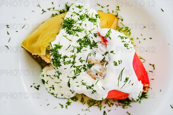 Close up view of bell pepper stuffed with minced meat on dark wooden table