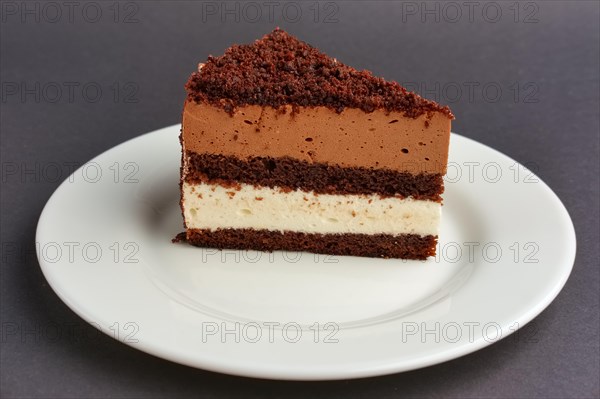 Portion of chocolate layer cake on plate