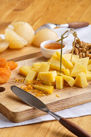 Close up view of set of various appetizers for wine