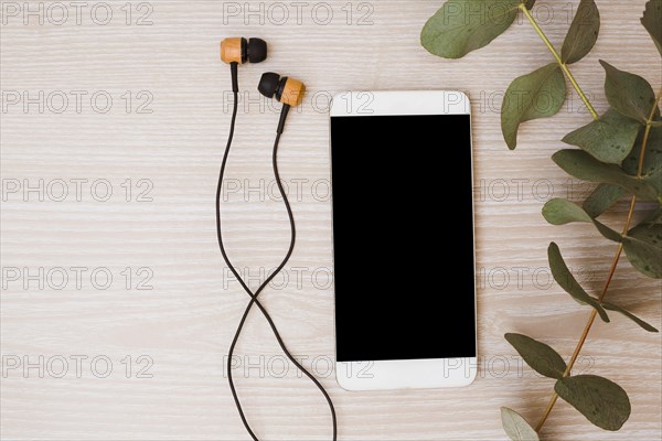 Earphone mobile phone leaves wooden background