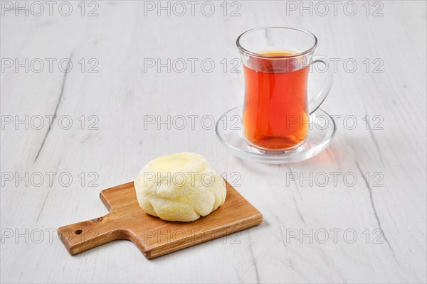 Sweet dessert mochi with banana and chocolate with fruit tea