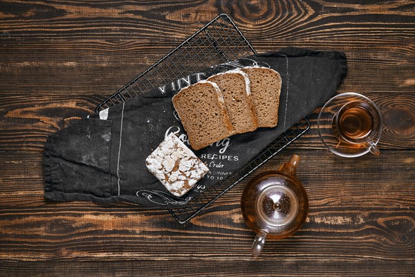 Overhead view of artisan rye bread with flour topping