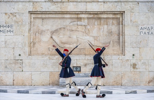 Detachment of the Presidential Guard Evzones in front of the Monument to the Unknown Soldier near the Greek Parliament