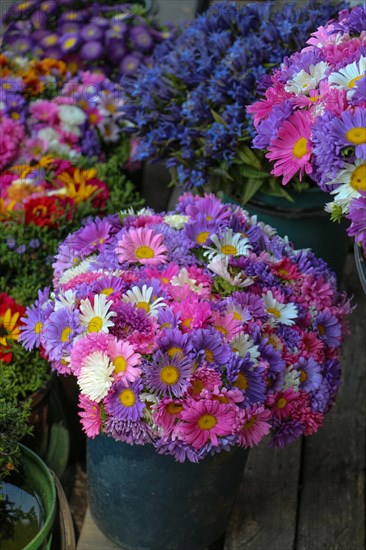 Beautiful bouquet of flowers on street flower vendor