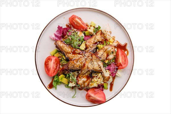 Salad with smoked eel with avocado and tomato