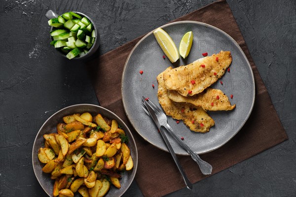 Top view of fried breaded hake fillet with spice and roasted potato wedges