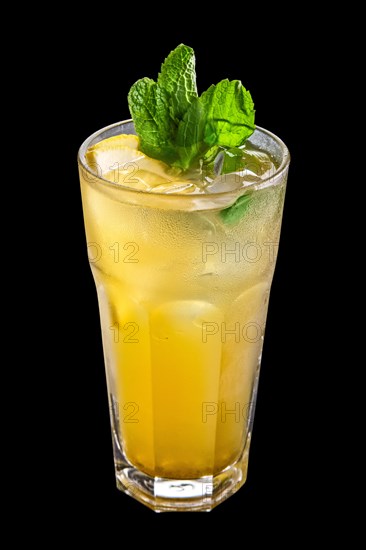 Cold citrus lemonade isolated on black background