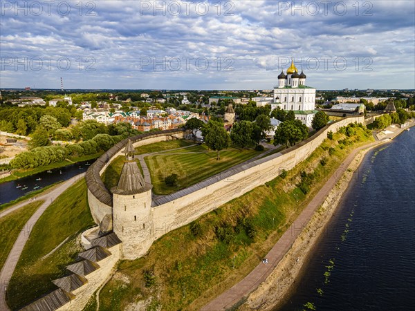 Aerial of the kremlin of the Unesco site Pskov