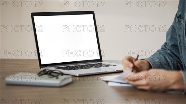 Minimalist office person copy space laptop 1