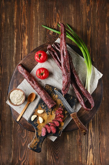 Overhead view of dried sausage made of venison meat