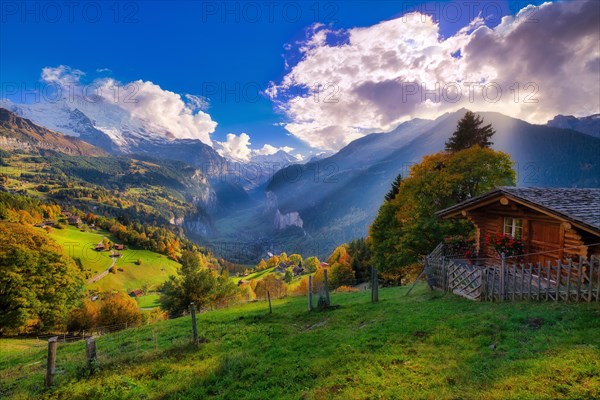 View from Wengen in autumn of the Lauterbrunnen Valley and the Bernese Alps at sunset