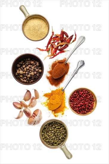 Composition with seasonings and herbs in bowls and spoons isolated on white background