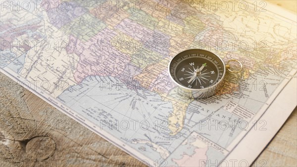 Close up compass north america map