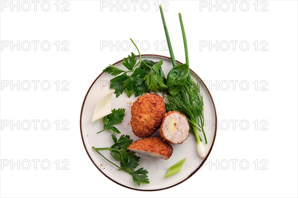 Baked cutlet stuffed with ham and cheese isolated on white background
