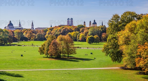 Towers of the city from the Monopteros in the English Garden in autumn