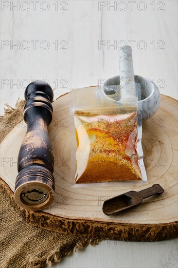 Mixture of different spices in plastic packaging