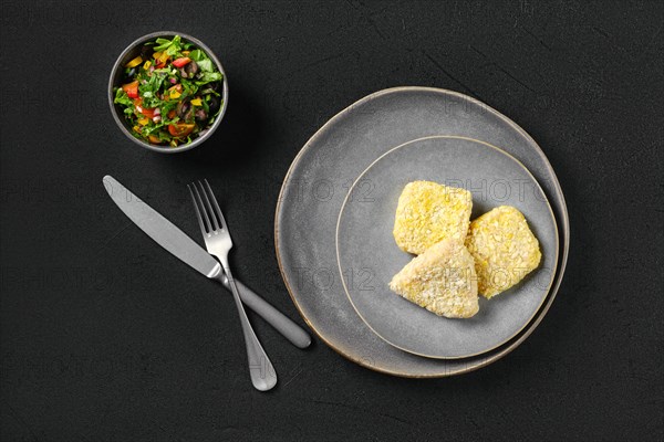 Top view of semifinished squid cutlet in breading on a plate