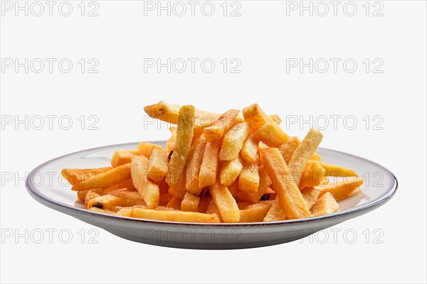 Plate with french fries isolated on white background