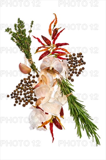 Composition with garlic and chilli pepper isolated on white background