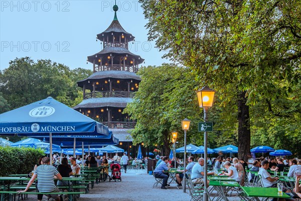 Beer garden at the Chinese Tower in the English Garden at dusk