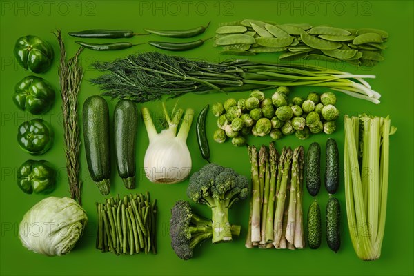 Rectangular composition with various green vegetables on green background