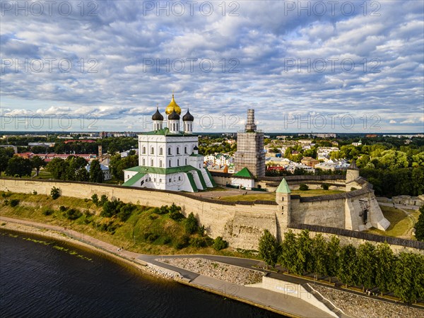 Aerial of the kremlin and the Trinity Cathedral in Pskov