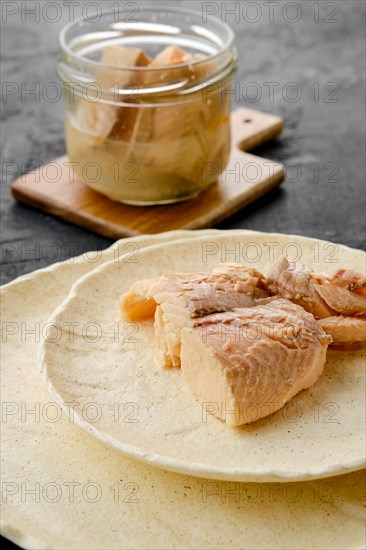 Closeup view of canned sea trout on a plate