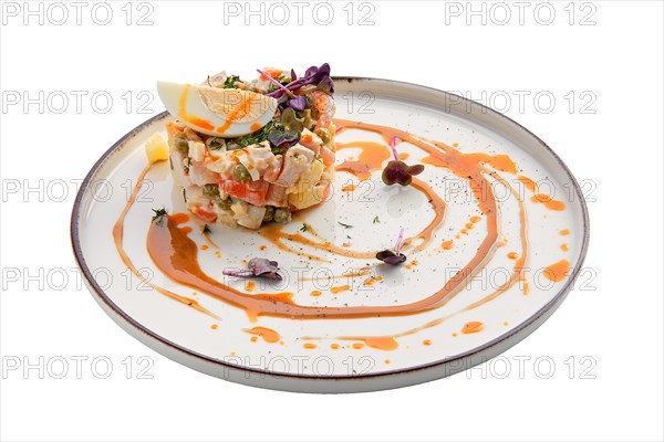 Salad olivier with egg isolated on white background