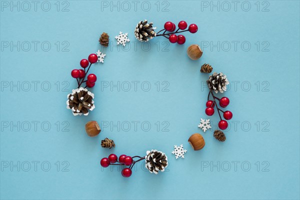 Flat lay cute winter wreath elements