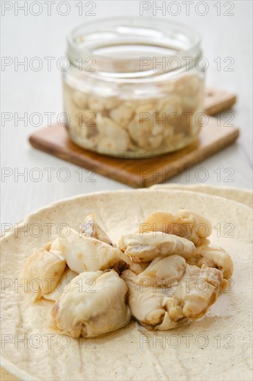 Closeup view of canned mackerel on a plate