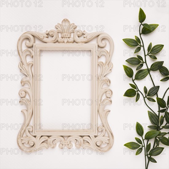 Wooden carving frame near artificial leaves white backdrop. Resolution and high quality beautiful photo