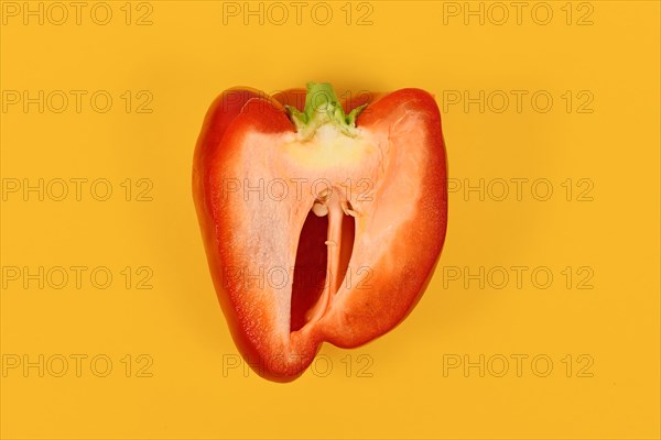 Red bell pepper cat open on yellow background