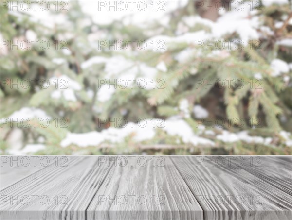 Empty wooden table front christmas tree with snow