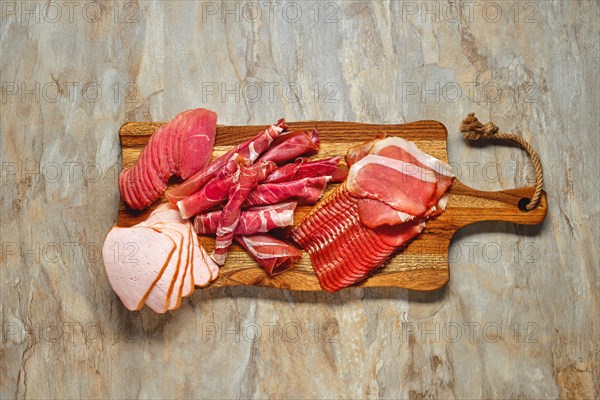 Top view of meat plate snack for wine