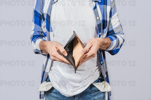 Concept of frustrated people without money. Hands showing an empty wallet