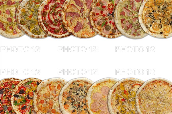 Horizontal collage of different baked pizzas isolated on white. Top view