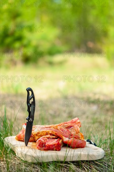 Fresh pork ribs with salt and pepper on cutting board outdoor. Selective focus photo