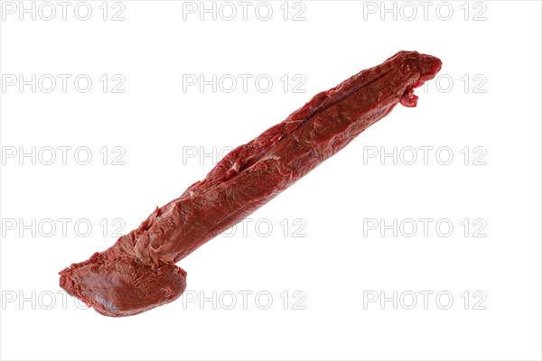 Overhead view of raw fresh top round beef strip isolated on white background