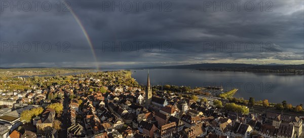 Rainbow over the town of Radolfzell on Lake Constance and the Mettnau peninsula