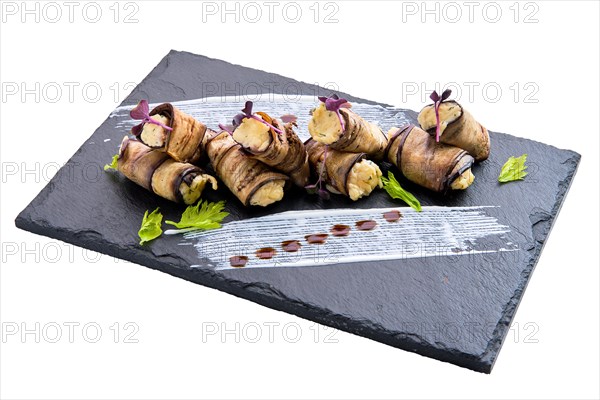 Eggplant stuffed with soft cheese and garlic isolated on white background