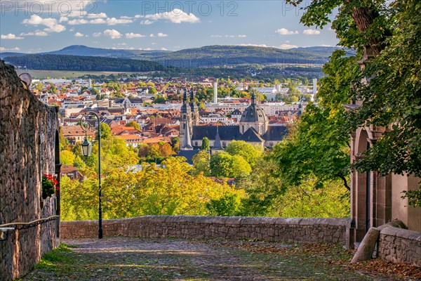 Old Way of the Cross to Frauenberg with view of St. Salvator's Cathedral and the town in early autumn