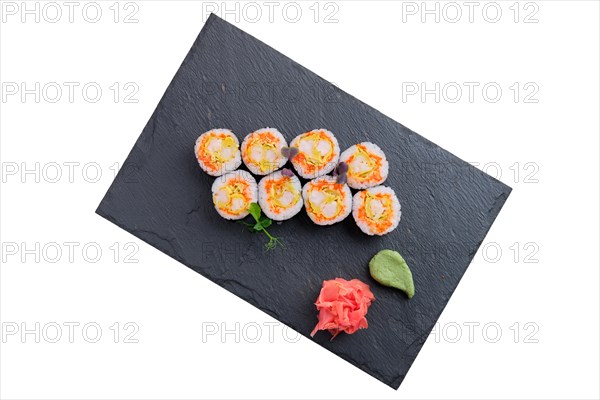 Set of rolls with omelette and shrimp isolated on white background