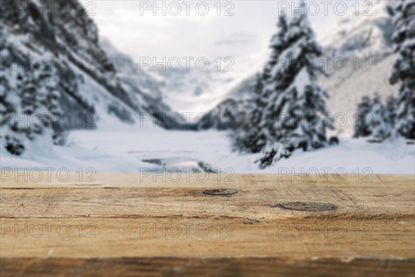 Wood board mountains with trees snow. Resolution and high quality beautiful photo