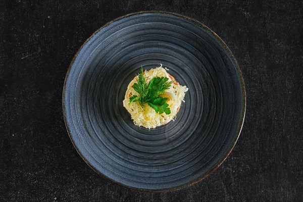 Top view of layered salad with rice